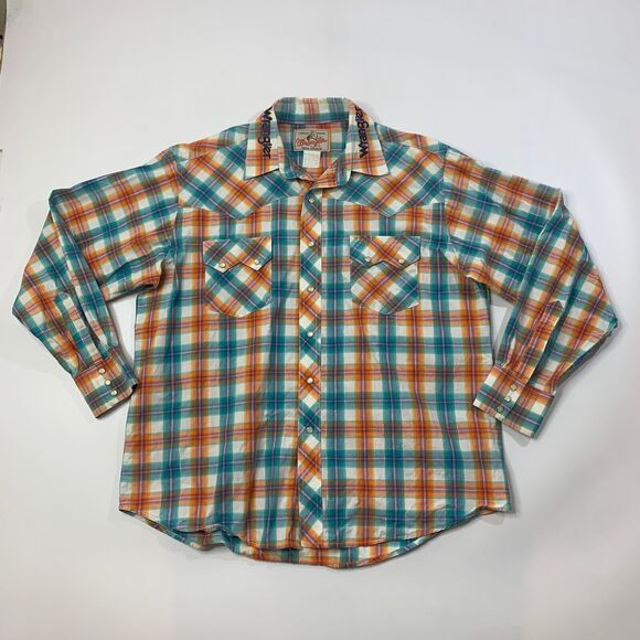 Wrangler Shirt Mens L Large Pearl Snap Button Metallic Plaid Cowboy Rodeo - Picture 2 of 9